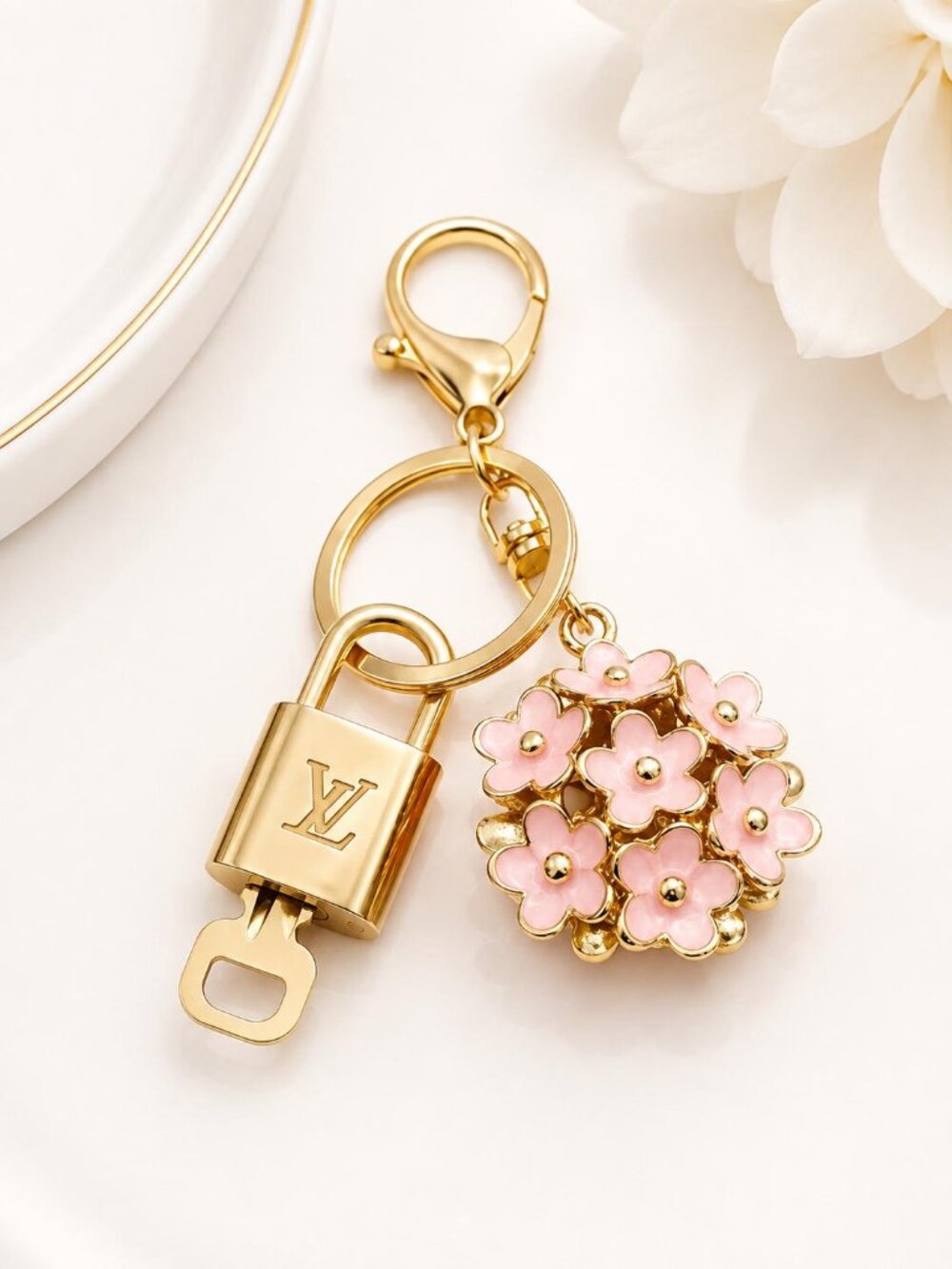 LV Authentic Gold Padlock 🔒 Key Set w/ Unbranded Flower Keychain Charm